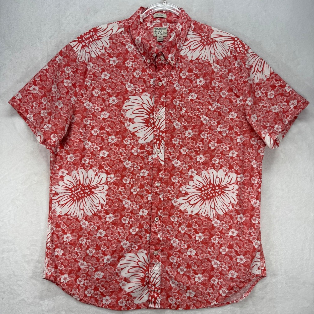 J. Crew Floral Button Down Shirt Stretch Organic Cotton Red White XL